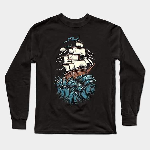 Night Pirate Long Sleeve T-Shirt by D3monic